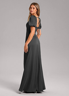 Azazie Fyona Bridesmaid Dresses Black A-Line Pleated Stretch Satin Dress image5
