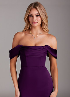 Azazie Saige Bridesmaid Dresses Grape Mermaid Off the Shoulder Stretch Satin Dress image5