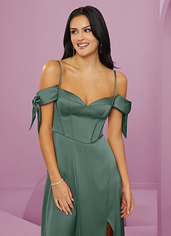 Barbie ♥ Azazie Final Sale Eucalyptus A-Line Off the Shoulder Stretch Satin Dress image5