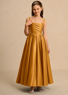 Azazie Mochi Girl Jurken voor bloemenmeisjes Baljurk Jurk van Mat Satijn Geplooid Boterbabbelaar image5