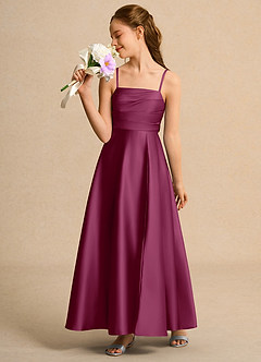 Azazie Pebbles Girls Formal Flower Girl Dresses Mulberry A-Line Pleated Matte Satin Dress image4