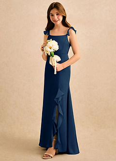 Azazie Novalie Girls Formal Robe Demoiselle D'honneur Fillette Robe Sirène en Satin extensible Arc Bleu Marine Foncé image2