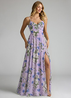 Azazie Alia Robes de demoiselle d'honneur Robe Trapèze en Mousseline de soie Plissée Lilas Floral image2