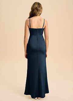 Azazie Buzzy Junior Dark Navy Sheath Pleated Stretch Satin Dress image2