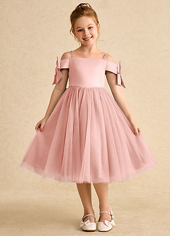 Azazie Amie Flower Girl Dresses Rosette A-Line Off the Shoulder Matte Satin Dress image3