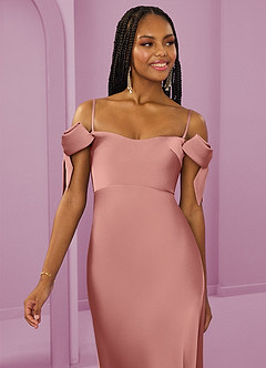 Barbie ♥ Azazie Bridesmaid Dresses Rosette Sheath Off the Shoulder Stretch Satin Convertible Dress image3