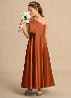 Azazie Guppy Girls Formal Flower Girl Dresses Burnt Orange A-Line One Shoulder Matte Satin Dress image4