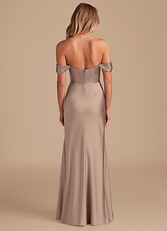 Azazie Saige Bridesmaid Dresses Taupe A-Line Off the Shoulder Metallic Satin Convertible Dress image4