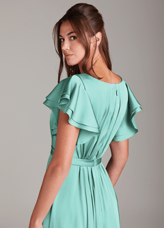 Azazie Daphne Modest Bridesmaid Dresses A-Line Ruched Stretch Satin Floor-Length Dress image5