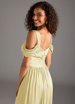 Azazie Lianne Bridesmaid Dresses Lemon Sorbet A-Line Off the Shoulder Stretch Satin Dress image4