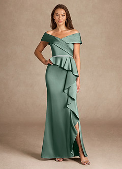 Azazie Dareia Moeder van de bruid jurken Zeemeermin Jurk van Stretch Satijn Off the Shoulder Eucalyptus image1