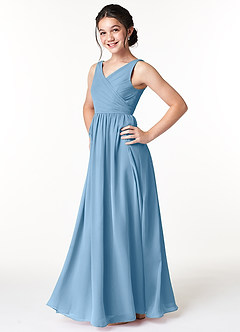 Azazie Sawyer Junior A-Linie Plissee Chiffon Kleid Stahlblau image5