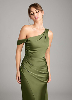 Azazie Madelyn Bridesmaid Dresses Olive Mermaid One Shoulder Stretch Satin Convertible Dress image4