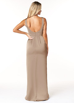 Azazie Nessi Vendita Finale Abito Tubino in Raso Elasticizzato con Scollo a U e Spacco Laterale Taupe image2