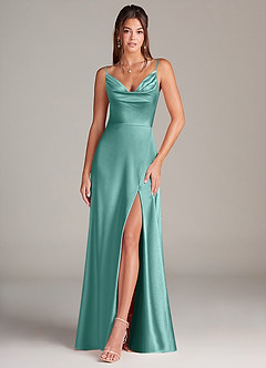 Azazie Sarella Robes de demoiselle d'honneur Robe Trapèze en Satin extensible Plissée Aqua image1