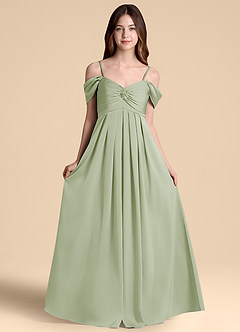 Azazie Kaitlynn Junior Abito A-Line in Raso Elasticizzato a Spalla Scoperta Verde Salvia image6