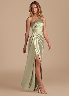 Azazie Mika Bridesmaid Dresses Moss Green Sheath One Shoulder Metallic Satin Dress image4