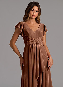 Azazie Omari Vestidos de damas de honor Vestido de Ocre Oscuro de terciopelo de Corte en A con Plisado image2