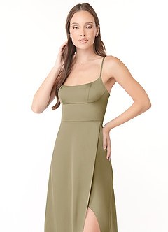 Azazie Halsey Abiti da Damigella Abito Tubino in Raso Elasticizzato Spacco Laterale Verde Muschio image6