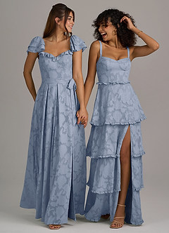 Azazie Romie At-home Try On Dresses Sky Blue A-Line Corset Floral Burnout Dress image7