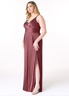 Azazie Aqua Brautjungfernkleider A-Linie V-Hals Gefaltet Stretch-Satin Kleid Wüstenrose image10