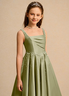 Azazie Mochi Girls Formal Flower Girl Dresses Moss Green Ball-Gown Pleated Matte Satin Dress image7