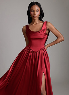 Azazie Novi Bridesmaid Dresses Scarlet A-Line with Pockets Stretch Satin Dress image3