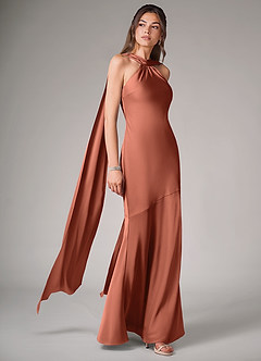 Azazie Kinsley Robes de demoiselle d'honneur Robe Sirène en Satin extensible Fente Latérale Argile image3