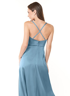 Azazie Naomie Final Sale Steel Blue A-Line Cowl Neckline Side Slit Stretch Satin Dress image3