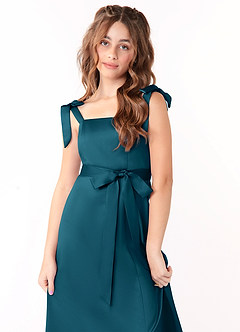 Azazie Barbara Junior Ink Blue A-Line Bow Stretch Satin Dress image5