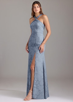 Azazie Rue Bridesmaid Dresses Dusty Blue A-Line Pleated Floral Burnout Dress image3