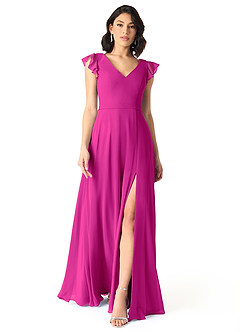 Azazie Claudine Final Sale Fuchsia A-Line Flutter Sleeve Chiffon Dress image2