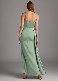 Azazie Bona Final Sale Agave A-Line V-Neck Pleated Stretch Satin Dress image5