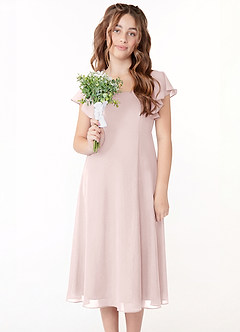 Azazie Bondi Junior Vestido de Rosa Rubor de Gasa de Corte en A con Volante image4