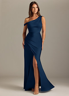Azazie Madelyn Robes de demoiselle d'honneur Robe Sirène Convertible en Satin extensible Épaule décolletée Bleu Marine Foncé image1