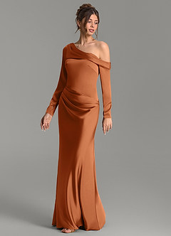Azazie Sandra Bridesmaid Dresses Copper Mermaid Long Sleeve Stretch Satin Dress image4