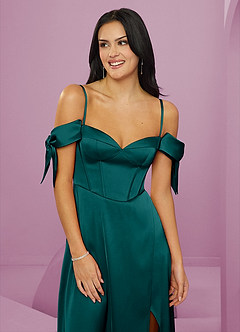 Barbie ♥ Azazie Bridesmaid Dresses Peacock A-Line Off the Shoulder Stretch Satin Dress image12