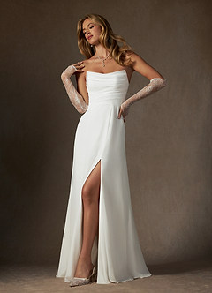 Azazie Camryn At-home Try On Dresses Diamond White A-Line Strapless Chiffon Dress image1