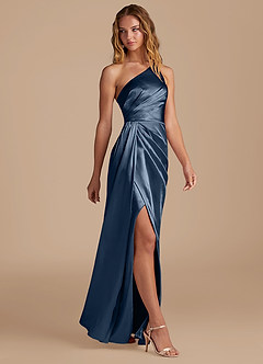 Azazie Mika Vestidos de damas de honor Vestido de Azul Marino Oscuro de Satén Metálico de Corte Recto con Hombro unilateral image4