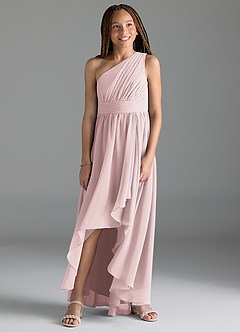 Azazie Mathilda Junior Blushing Pink A-Line Pleated Chiffon Dress image4