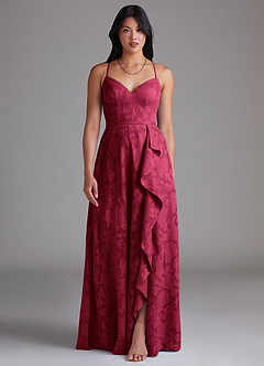 Azazie Naeem Brautjungfernkleider A-Linie Herzausschnitt Blumen-Burnout Kleid Burgunderrot image1