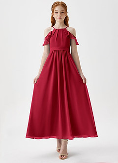 Azazie Chaya Junior Scarlet A-Line Off the Shoulder Chiffon Dress image4