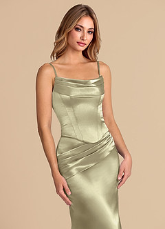 Azazie Sorrel Robes de demoiselle d'honneur Robe Sirène Convertible en Satiné métallisé Corset Vert Mousse image7