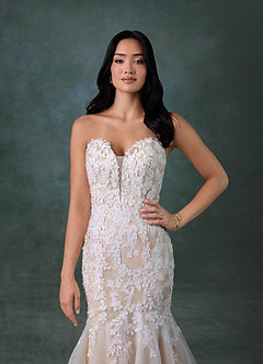 Azazie Chelley Vestidos de novia Vestido Blanco Diamante Nude de Tul de Corte Sirena con Palabra de honor image4
