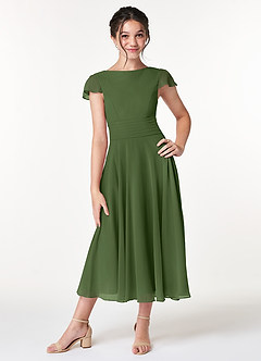 Azazie Payton Junior Olive A-Line Bow Chiffon Dress image1
