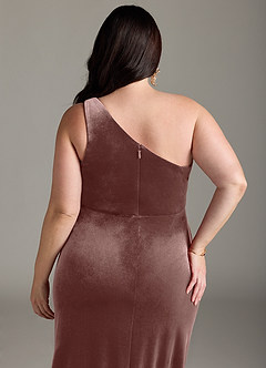 Azazie Argan Bridesmaid Dresses Espresso A-Line One Shoulder Pleated Velvet Dress image13