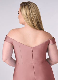 Barbie ♥ Azazie Brudtärnklänningar Klänning av A-Line i Stretch Satin Av axeln Dammig Ros Konvertibel image12