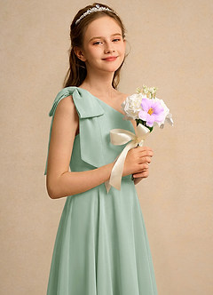 Azazie Guppy Girls Formal Flower Girl Dresses Agave A-Line One Shoulder Chiffon Dress image4