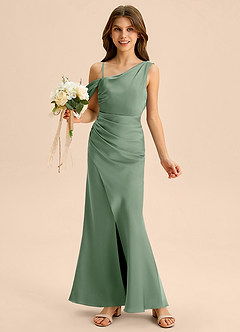 Azazie Madelyn Junior Osłona Zza ramienia Satyna elastyczna Długość podłogi Młodsza druhna Sukienka image1