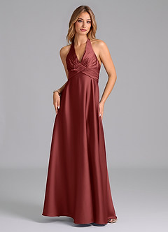 Azazie Tessie At-home Try On Dresses Terracotta A-Line Pleated Stretch Satin Dress image5
